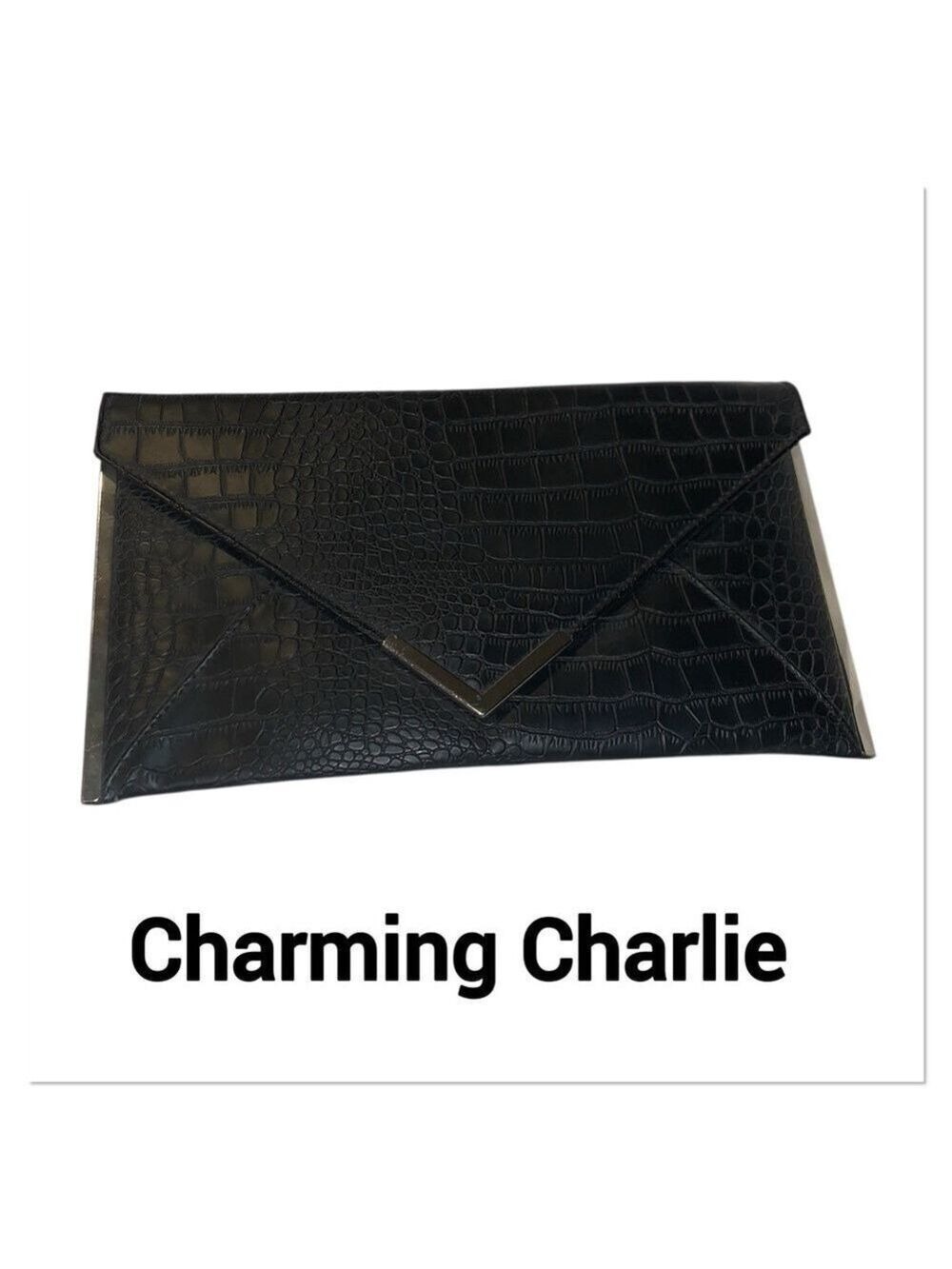 CHARMING CHARLIE Black Faux Alligator Envelope Purse